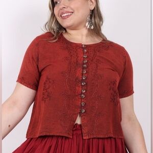 Red Boxy Buttoned Embroidered Blouse